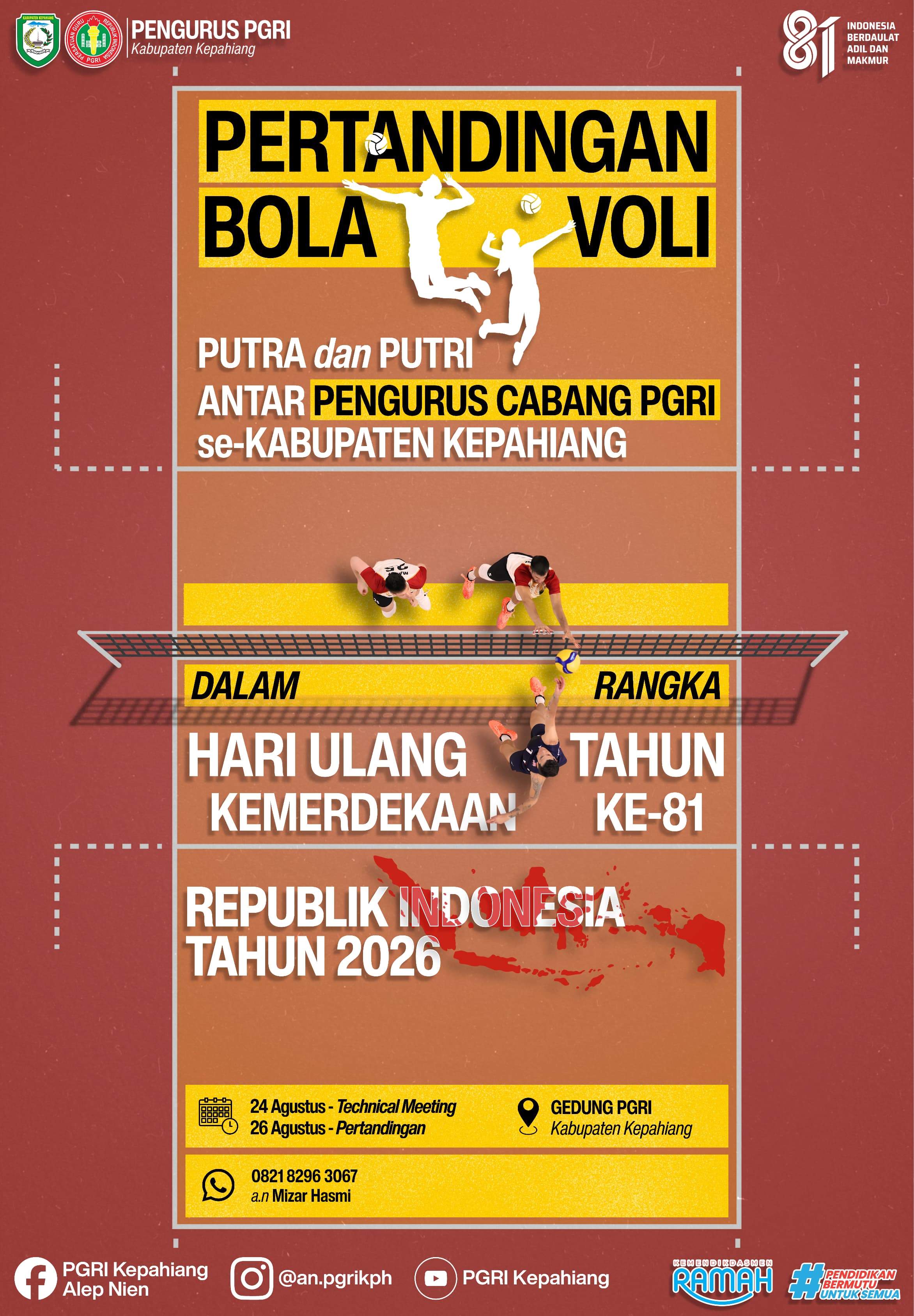 Semarak HUT ke-81 RI, PGRI Kabupaten Kepahiang Gelar Pertandingan Bola Voli Antar Pengurus Cabang